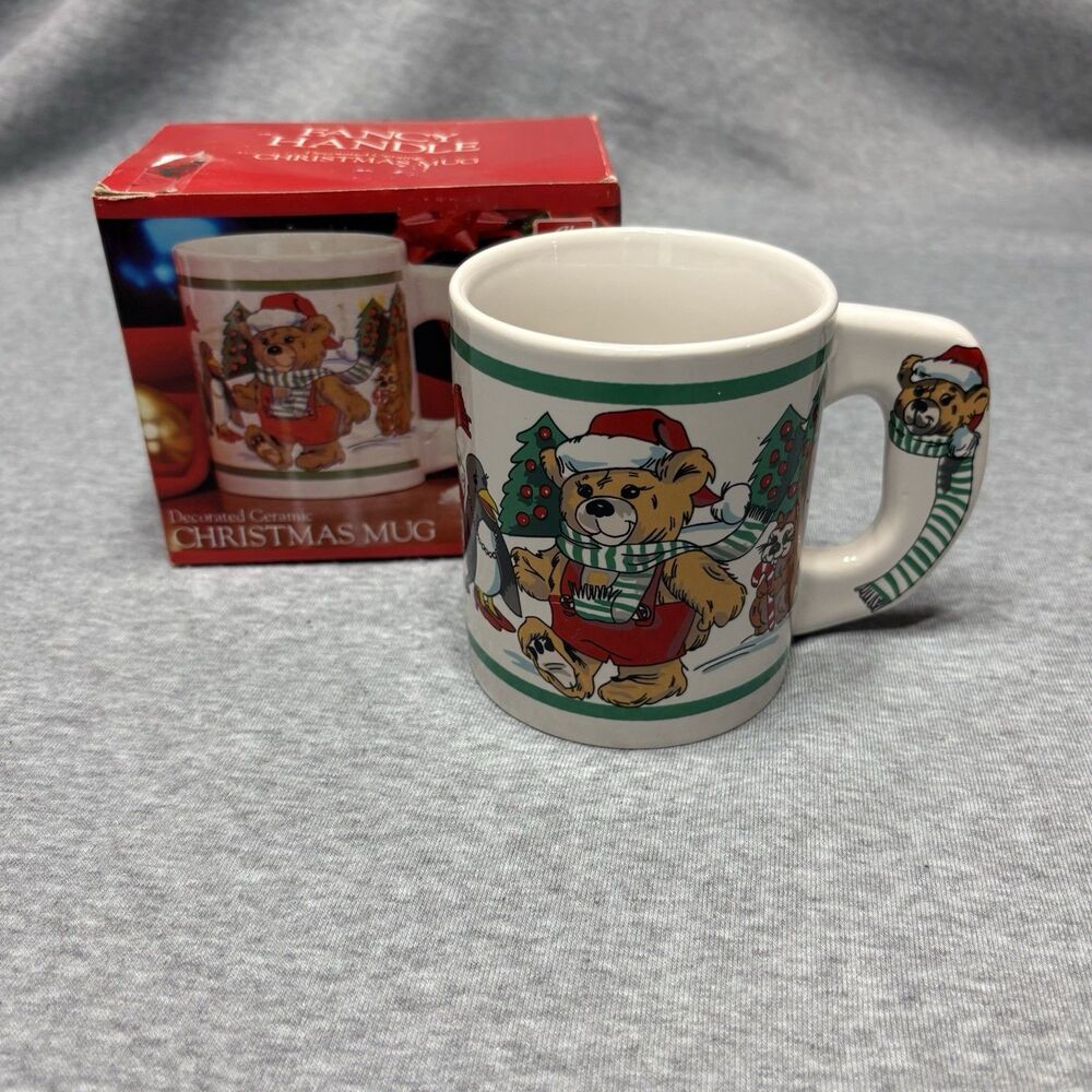 Vintage Alco Fancy Handle Teddy Bear Christmas Stocking Mug Coffee Cup‎ In Box